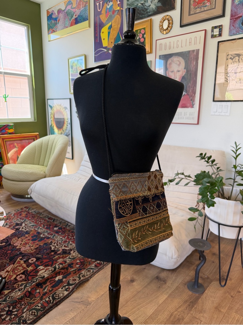 Vintage 90s Crossbody Tapestry Style Bag in Blues and Greens with Boho Vibes